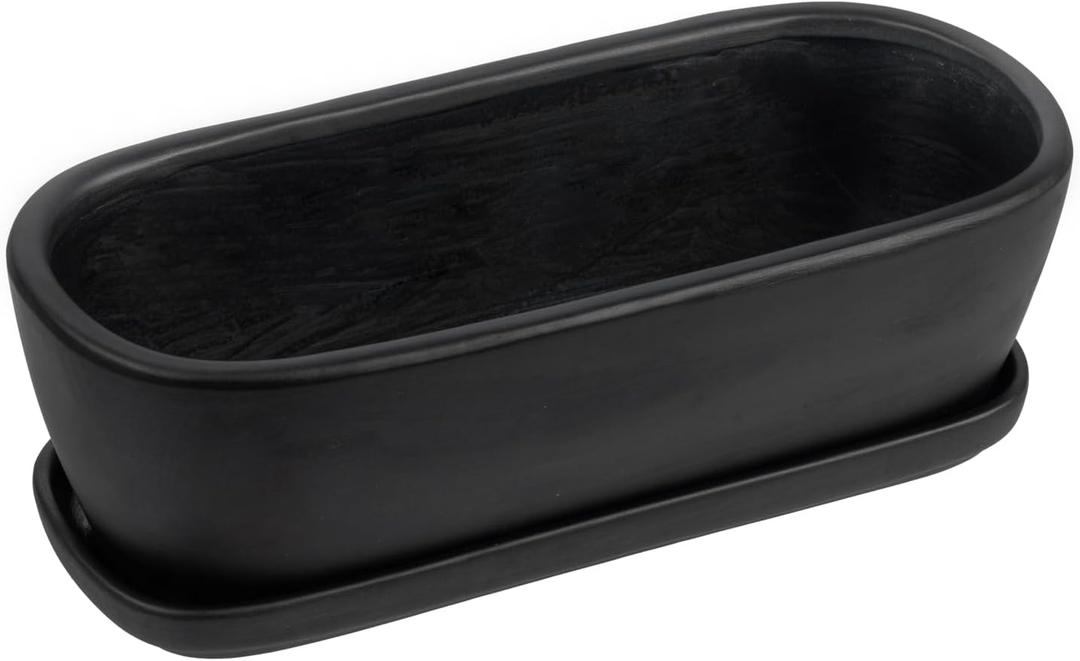 MyGift 14 Inch Oval Modern Matte Black Ceramic Succulent Planter Pot with Drainage Hole and Removable Saucer, Decorative Indoor House Plant Container for Flowers, Cactus, Herbs