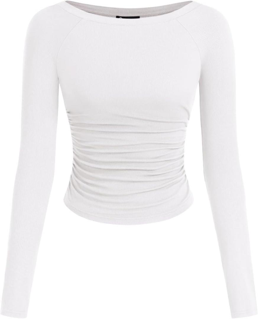 PRETTYGARDEN Long Sleeve Shirts for Women 2026 Fall Ruched Sides Boat Neck Basic Tee Casual Fitted Ribbed Knit Crop Tops Small