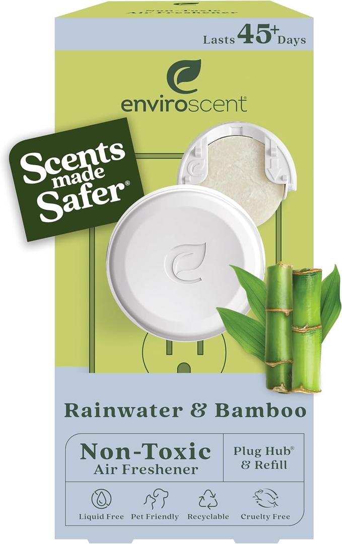 Enviroscent Non Toxic Air Freshener (Rainwater & Bamboo) Plug-in Home Fragrance Last 45+ Days | Kit includes 1 Refillable Plug In Warmer & 1 Scent Refill