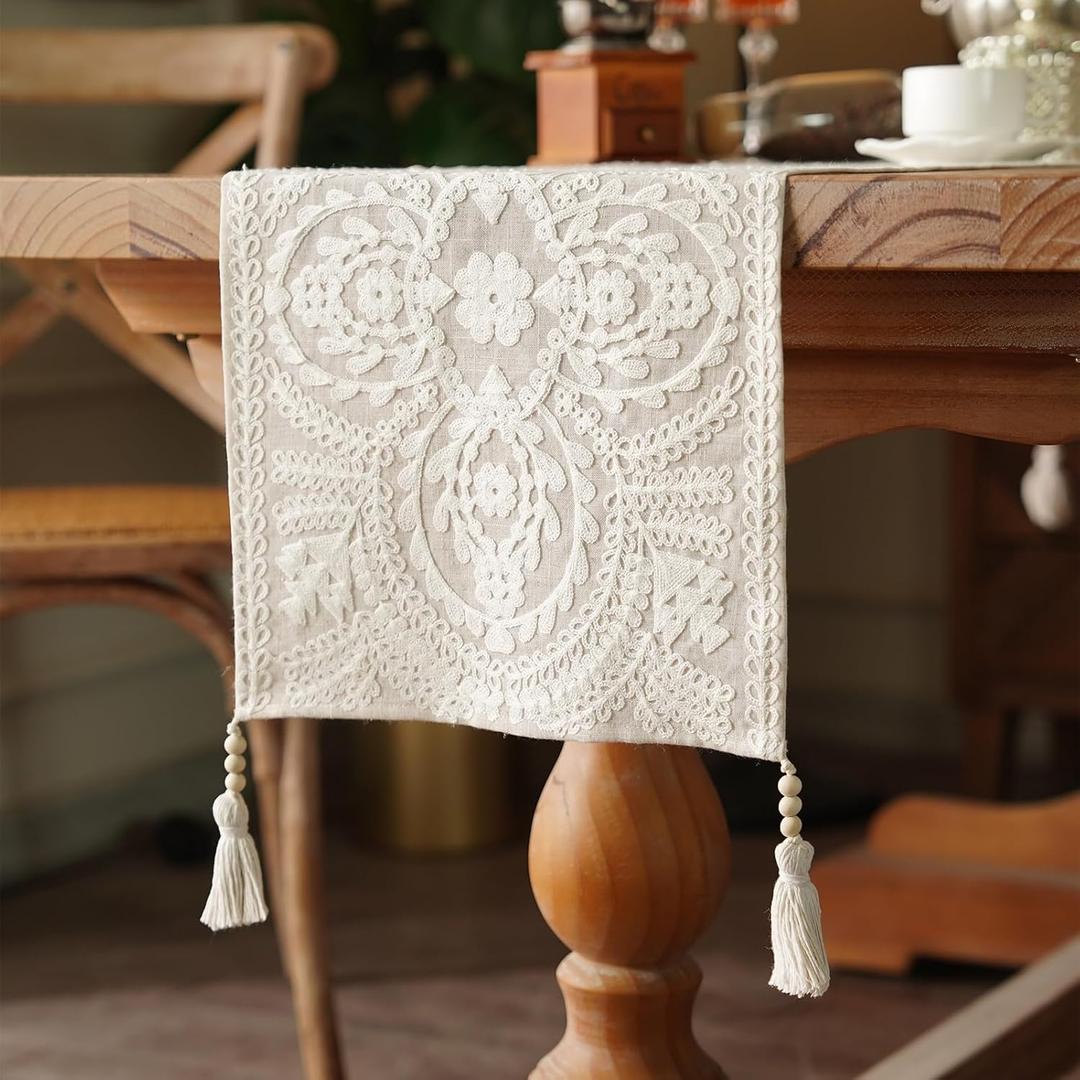 Embroidered Table Runner Boho Farmhouse Dresser Scarf Macrame Rustic Lace Doily with Tassel for Kitchen Indoor Outdoor Fireplace (Beige, 14 x 75 Inches)