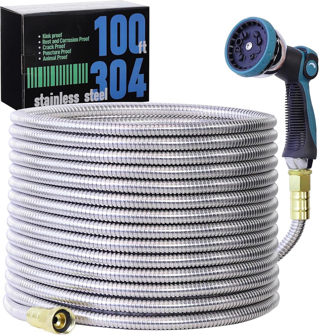 100FT Garden Hose, 304 Stainless Steel Water Hose, Flexible with a 10-Mode Nozzle Sprayer, No Kink, Lightweight, Puncture Proof, Ideal for Yard, Lawn, Outdoor