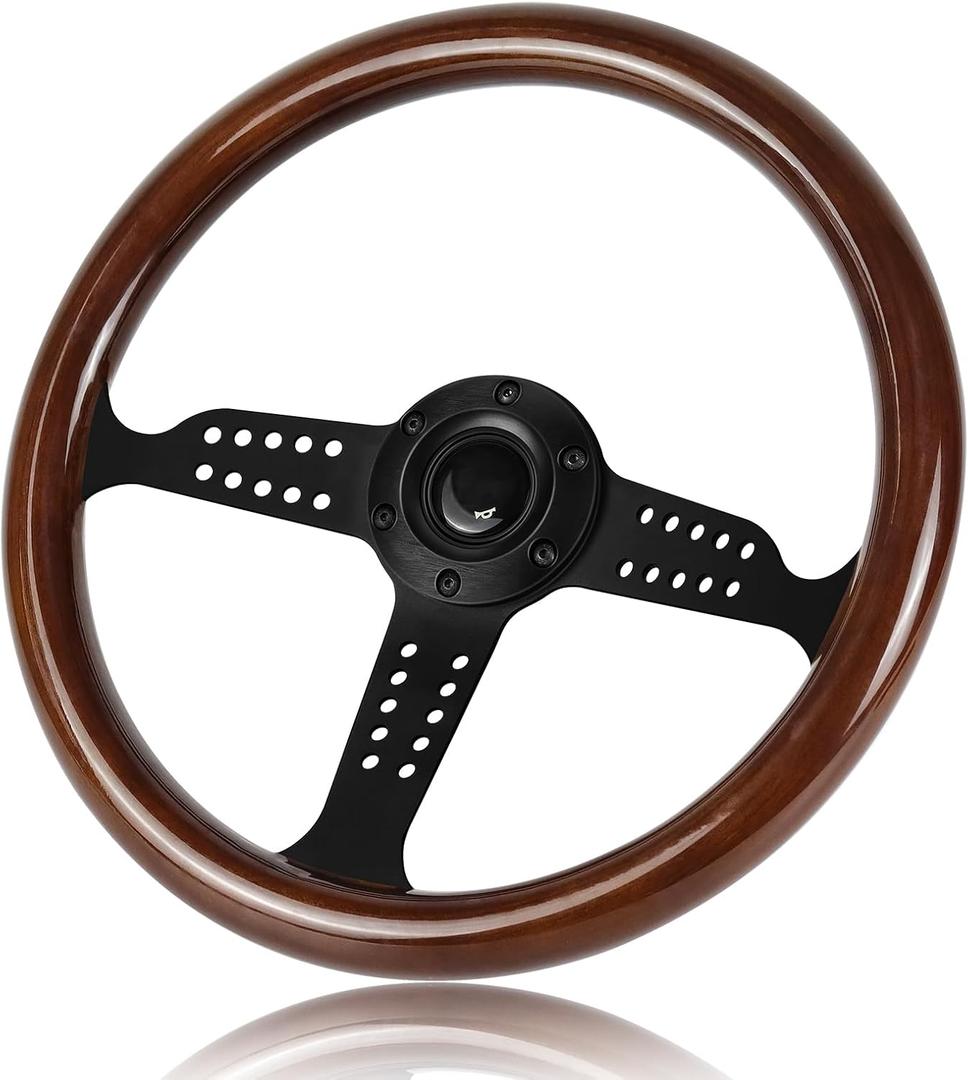 14 Inch Wooden Racing Steering Wheel, Universal 6 Hole Bolt Steering Wheel with Horn Buttons Multi-Hole Black Spoke Steering Wheel for Rally/ Motorsport/ Car Simulator Driving (Black frame)