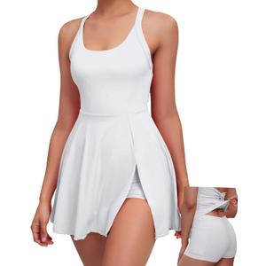 Womens Tennis Workout Dress with Open-Back Waistband Shorts Golf Acitve Side Slit Dresses (X-Small, White&eazy Peazy)