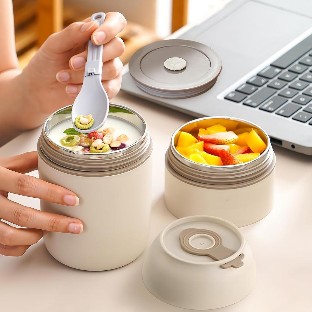 23oz Stainless Steel Food Jars With Lid and Foldable Spoon - Portable Soup Cup for Milk, Soymilk, Oatmeal,Breakfast Cup for Wide Mouth Leak-Proof Double Beige