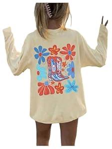 RoseSeek Girl's Floral Boots Graphic Tees Tops Long Sleeve Crewneck Cute T Shirts Cowgirls Tshirt Fall Outfits Graphic Apricot 6Y