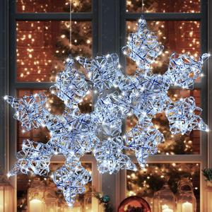 Nuanchu 25 Inches Metal LED Snowflake Lights Large Christmas Battery Operated Lights Outdoor Decor Lighted Hanging Ornament Set Hanging Ornament for Window Indoor Yard Winter Home Decor (2 Pcs)