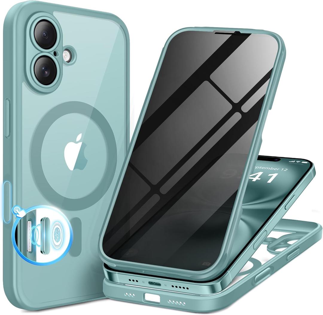 BERFY for iPhone 16 Case, Compatible with MagSafe, Built-in Privacy Screen Protector, Camera Protection, Shockproof Full Body Phone Case 6.1", Clear Green