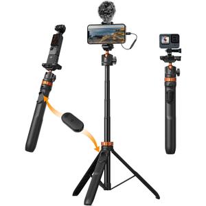 K&F CONCEPT 62'' Phone Selfie Stick Tripod, 2-in-1 Extendable Cell Phone Tripod Stand with Remote, 360 Ball Head Camera Tripod Compatible with DJI Osmo Pocket 4/3 Action 6/5Pro GoPro 13/12 iPhone.