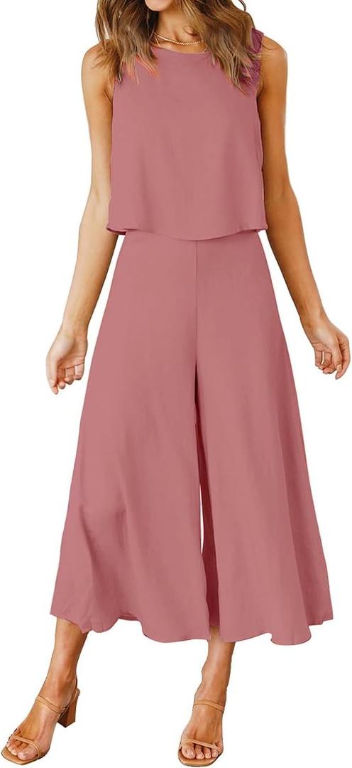 ROYLAMP Women's Summer 2 Piece Outfits Round Neck Crop Basic Top Cropped Wide Leg Pants Set Jumpsuits Cherry Pink M