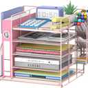 Desk Organizer with Magazine Holder, 5-Tier Paper Organizer for Desk with Pen Holder, Paper Letter Tray for Home, Office or School Supplies, Pink