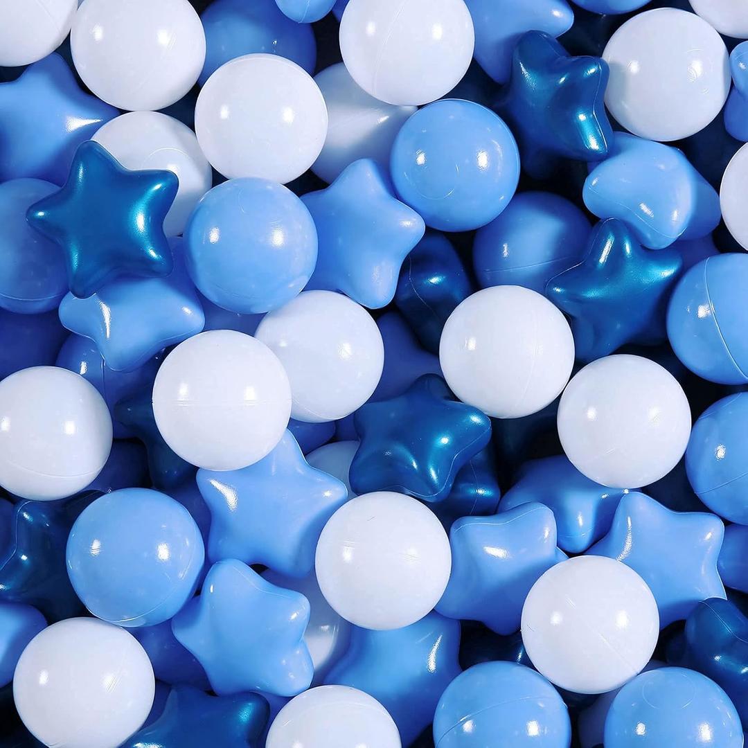 Realhaha Ball Pit Balls 50 100 200 500, Star Shapes for Babies Kids Playpen Plastic Balls for Babies Ball Pool Puppy Playballs (Peal Blue Blue White)