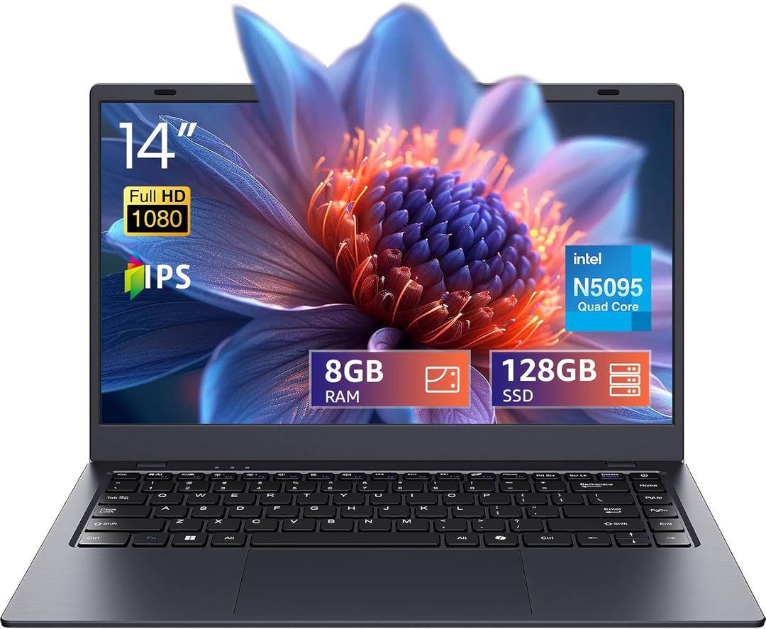 14" Laptop - N5095 Quad-Core, 8GB RAM 128GB SSD, WiFi 5/Bluetooth 5.0, Webcam Privacy Cover, Preloaded Office 2024 - Ultra-Portable