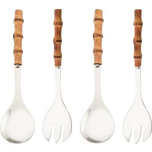 Serving Spoon and Fork Set, 304 Stainless Steel Serving Utensils with Natural Bamboo Handle, 10" Long Handle Serving Set for Kitchen Party Buffet, 4 Pieces / 2 of Each