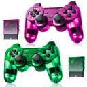 Burcica Wireless Controller for PS-2 Play 2 Double Vibration 2 - Clear/Green and Clear/Purple