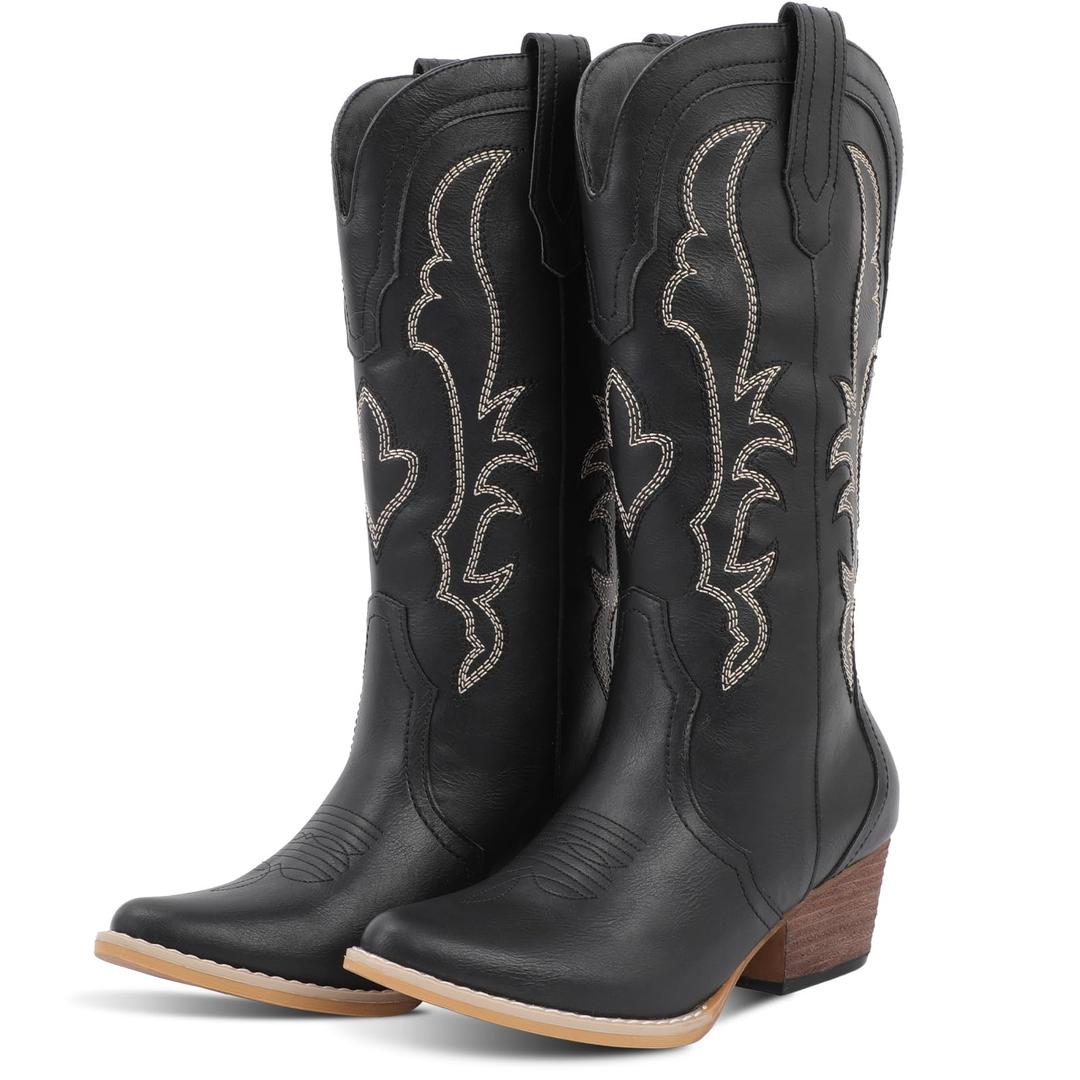 RLW Cowboy Boots for Women Cowgirl Boots Classic Knee-High Western Boots Pointy Toe with Comfortable Chunky Heel, Black 9.5 (Black)