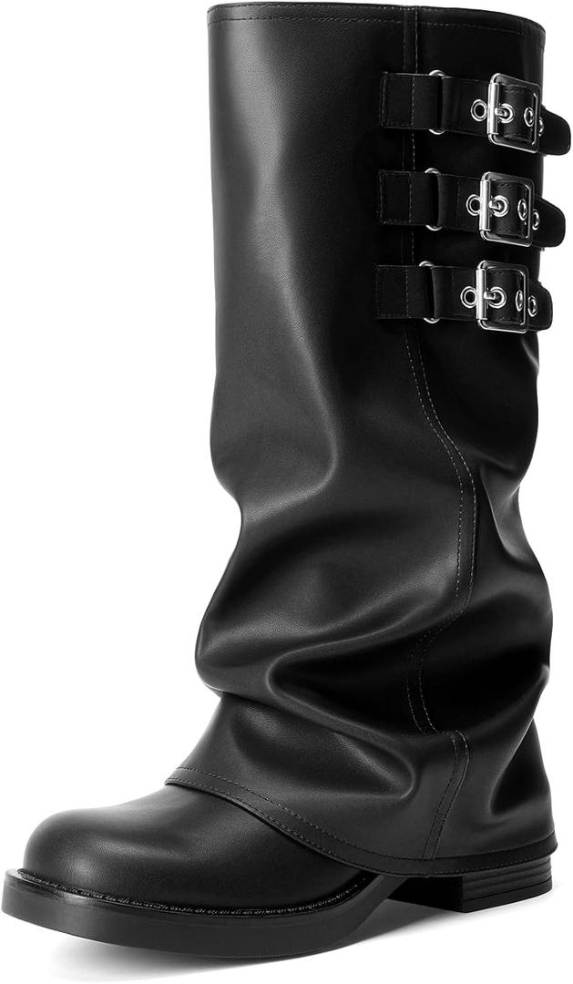DREAM PAIRS Fold-over Knee High Boots Comfort Low Heel Slouchy Boot Stylish Buckle Long Tall Boots for Women (9.5, Black)
