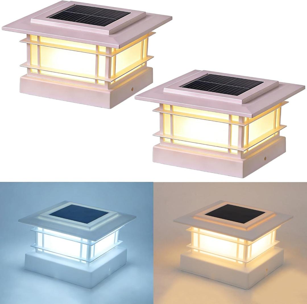 Dynaming 4x4 Solar Post Cap Lights Outdoor with 2 Color Modes, Fence Post Solar Lights White Shell Fit for Vinyl/Wooden Posts, High Brightness SMD LED Lighting Decor for Garden Deck Patio, 2 Pack