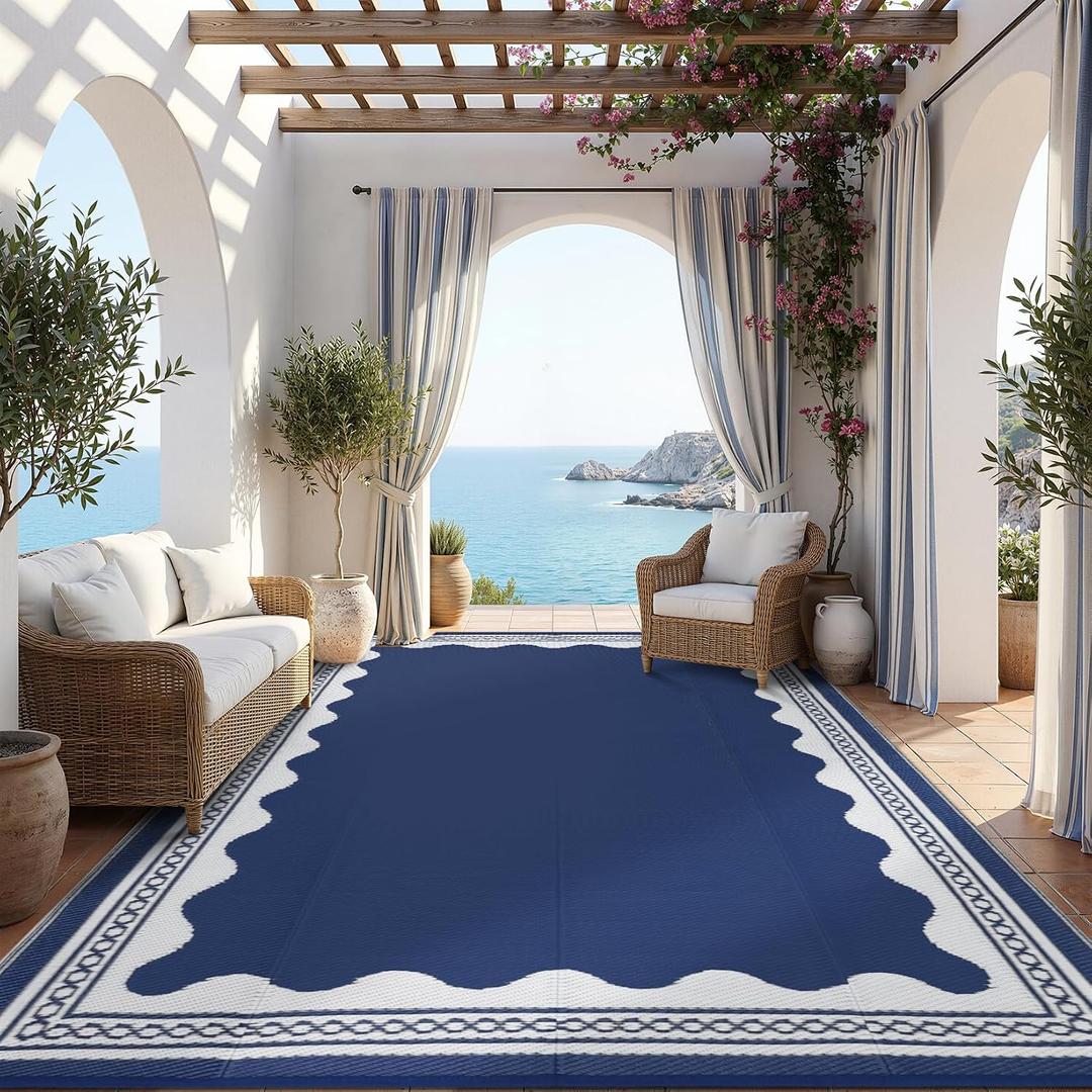 Garvee Large Outdoor Rug 10x14 Scalloped Waterproof Patio RV Outdoor Rugs Reversible Foldable Plastic Straw Rug Modern Camping Carpet for Deck Camper Porch Balcony Backyard Picnic Beach Dark Blue