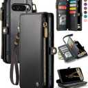 Defencase for Google Pixel 10 Pro XL Case, RFID Blocking Wallet Case for Pixel 10 Pro XL Soft PU Leather Magnetic Snap Flip Zipper Strap Card Holder Phone Cases for Women Men, Black