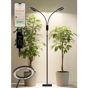Smart Grow Lights for Indoor Plants, 48W Plant Light with Auto-Timer, Full Spectrum LED Grow Light, Adjustable Height & Stepless Dimming,Plant Assistant Suitable for Most Plants (Black (Dual Heads))