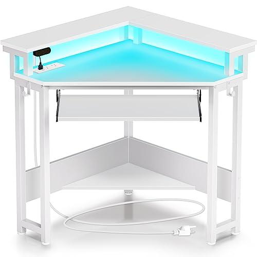 Rolanstar Corner Desk, 44.5" W x 34.5" H Small Computer Desk with Power Outlets, Gaming Desks with LED Lights, Triangle Corner Table with Keyboard Tray & Monitor Stand for Small Space, White