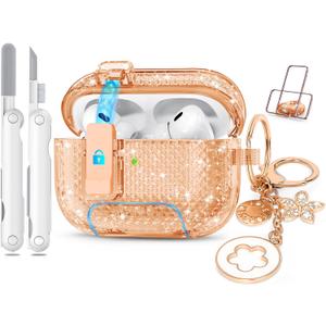 for Airpods Pro 2nd/1st Generation Case Rose Gold with Lock&Bling Keychain for Women&Girly,Cute Soft TPU Clear Cases Cove for Airpods Pro 2 Case with Cleaning Kit,Phone Holder Function