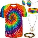Gionforsy Hippie Costume Outfit for Men Women 60s 70s Costume Accessories T-shirt Peace Necklace for Halloween Costume Party (X-Large, Colorful)