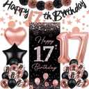 TSVATE Rose Gold 17th Birthday Decorations - Happy Birthday Banner, Backdrop, Balloons, Pompoms & Star Streamers