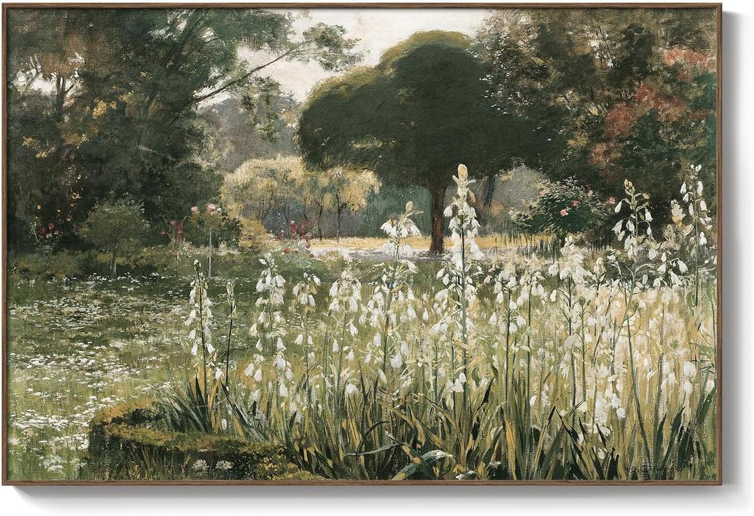 Framed Landscape Wall Art for Living Room, Vintage Farmhouse Cottagecore Canvas Artwork for Walls, Rustis Retro French Country Summer Landscape Paintings Prints for Bedroom Bathroom Wall Decor, 24x36" (36L" x 24W", Galtonia)