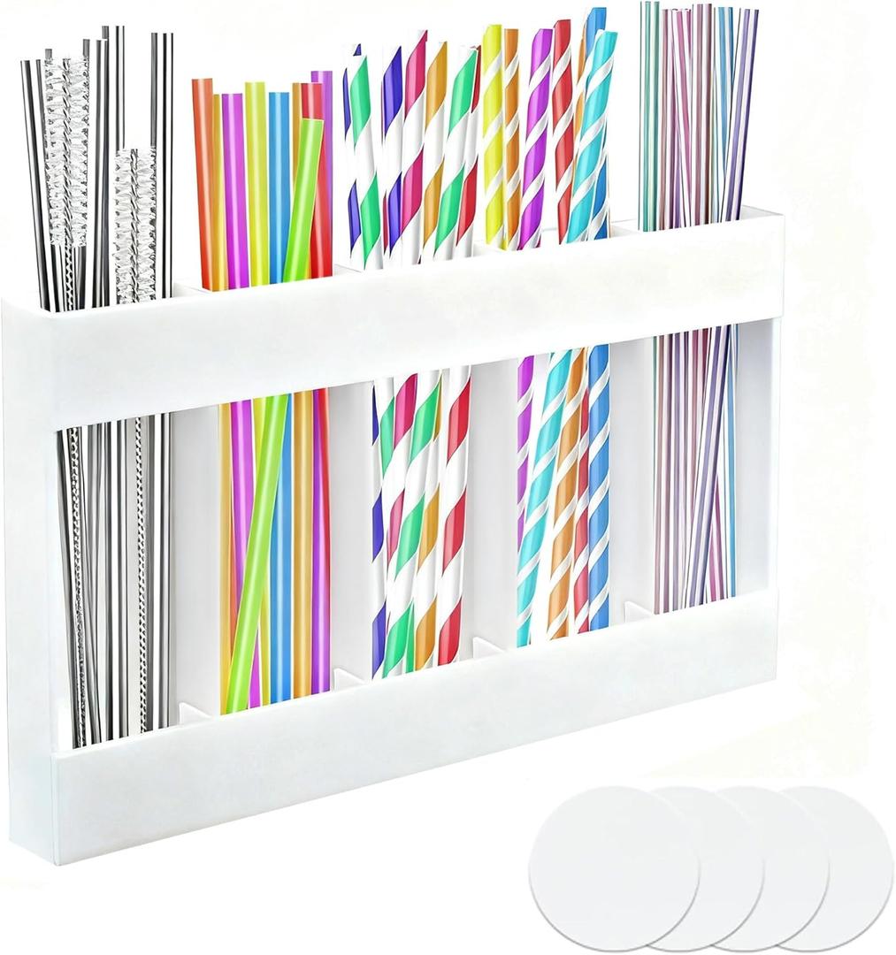 9.5'' Large Acrylic Straw Holder for Cabinet Door  Reusable Straw Organizer Storage Dispenser, Space-Saving Kitchen Accessories with Strong Adhesive, Transparent Cupboard Door Mounted Container