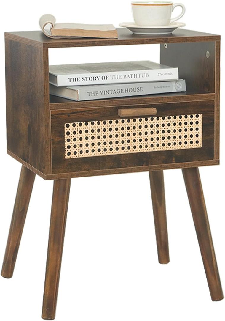 MaxSmeo Mid Century Nightstand, Rattan Side Table with Drawer, Wood Modern Bedside Table for Bedroom, Living Room and Small Spaces (Rustic Brown) (Top-rustic Brown)
