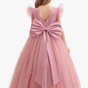 Flower Girl Dress V-Back Ruffle Sleeve Satin Tulle Wedding Guest Party Birthday Dresses Kids Pageant Communion Gown