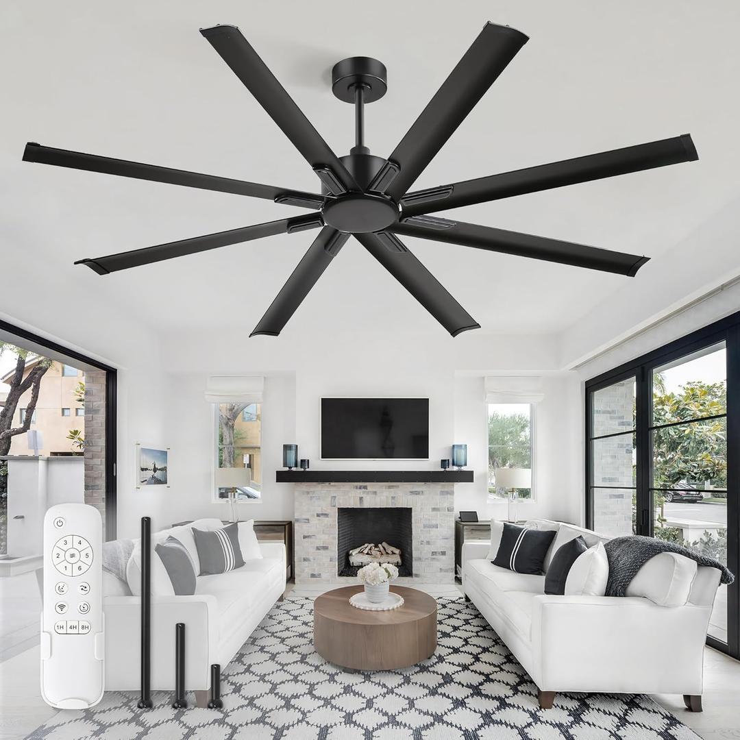 ZMISHIBO 72 Inch No Light, Large Industrial Ceiling Fan with 8 Aluminium Blades, Quiet DC Motor, 6 Speeds, Modern Ceiling Fan without Light for Garage/shop/living room,Black