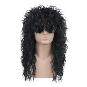 karlery 70s 80s Rocker Metal Mullet Wig Mens Long Curly Black Wig for Halloween Costume Anime Party (2 Piece Set)
