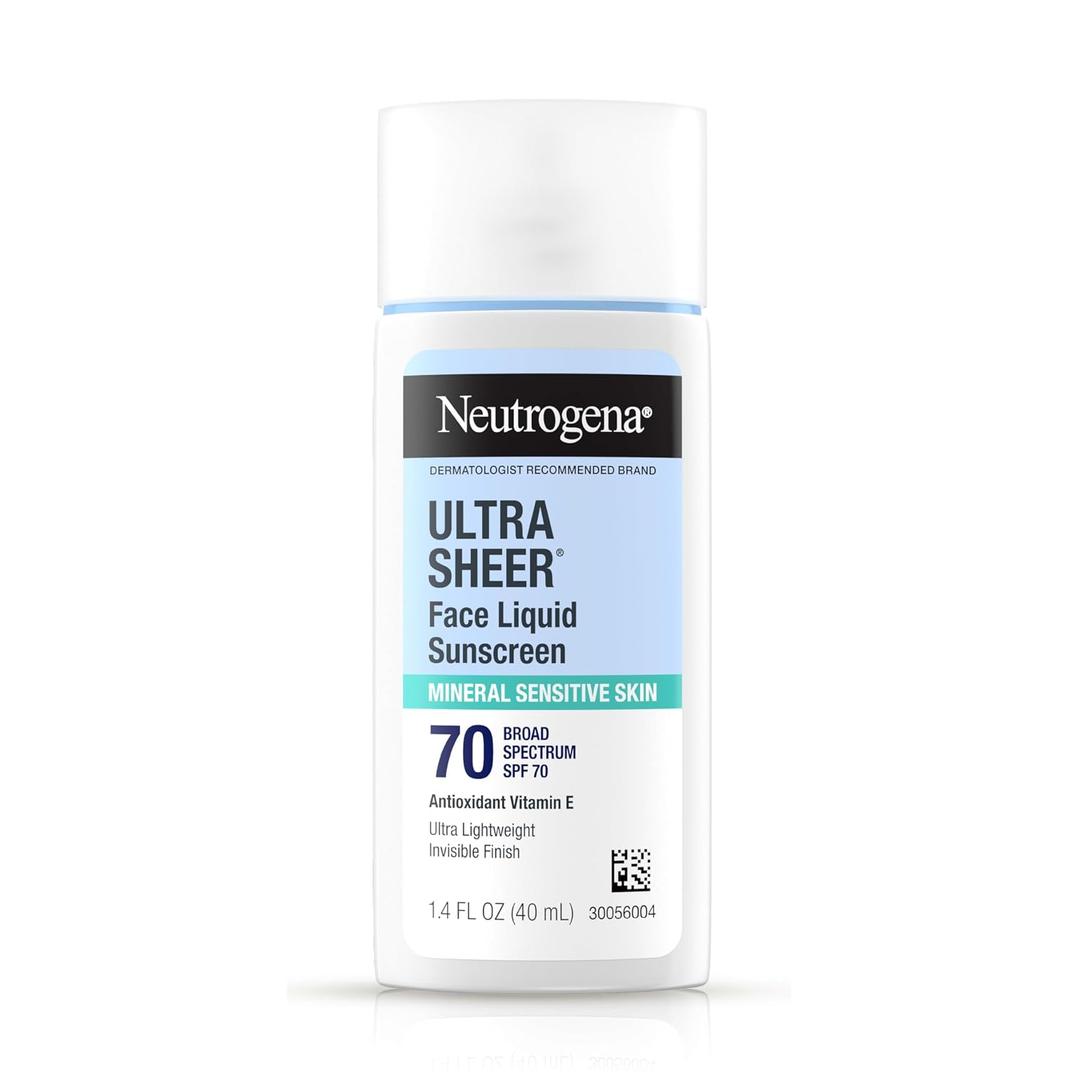 Neutrogena Ultra Sheer Liquid Mineral Sunscreen For Face, Lightweight, Broad Spectrum SPF 70 Facial Sunscreen for Sensitive Skin Leaves a Silky, Non-Greasy Finish, Oxybenzone-Free Sun Care, 1.4 fl. oz