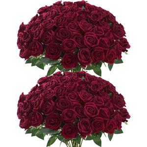 Sggvecsy 50 Pcs Artificial Roses Red Flowers Fake Velvet Silk Roses with Stems Bulk Realistic Faux Flowers for Bridal Bouquets Wedding Centerpieces Valentines Day DIY Home Decor (Burgundy)