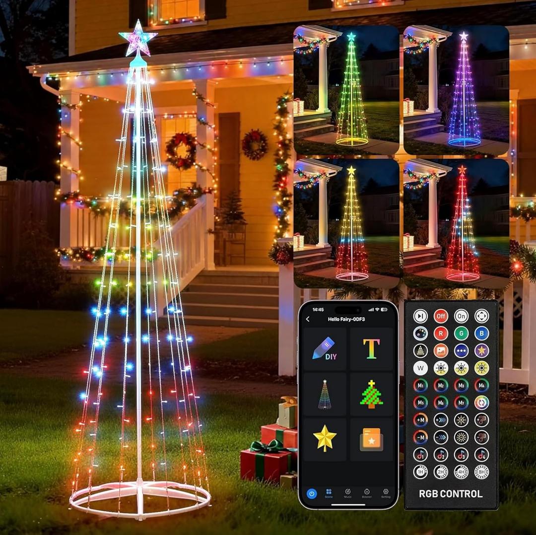 7.5Ft Smart LED Christmas Cone Tree Light, Lighted Artificial Tree with Star Topper, Music Sync with Remote APP Control, DIY RGB Light Show Tree for Xmas Indoor Outdoor Decorations (RGB)