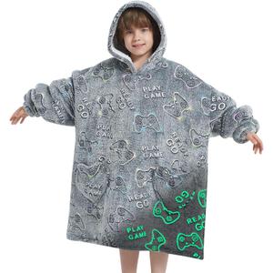 Fiosnow Glow in the Dark Game Controller Blanket Hoodies for Kids 6-13YR Oversize Wearable Blanket Hoodies for Boys Girls Teens