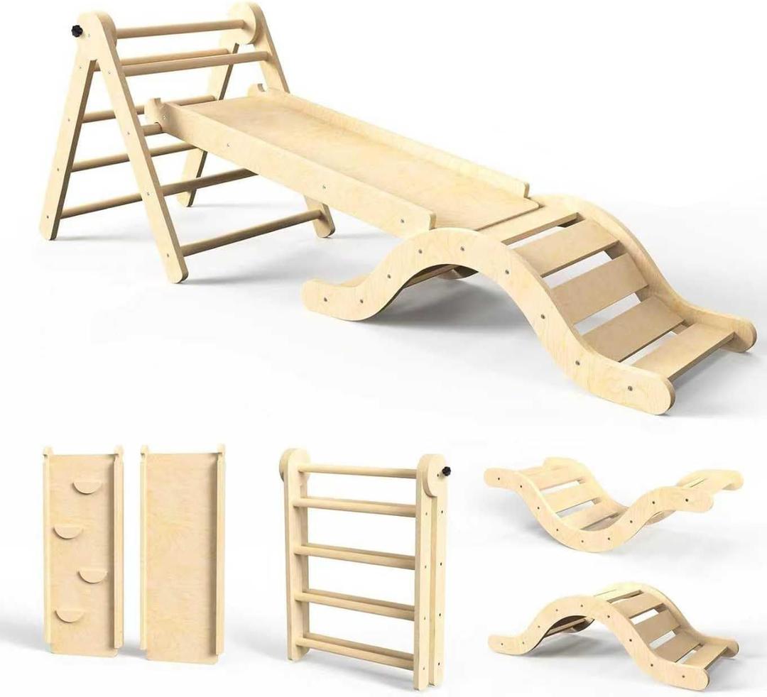 Pikler Triangle Set 7in1 Toddler Climbing Toys Indoor Foldable Baby Climbing Toys Wooden Montessori Climbing Set with Arch, Ramp, Ladder for 1-3 Years, Jungle Gym for Kids (Natural)