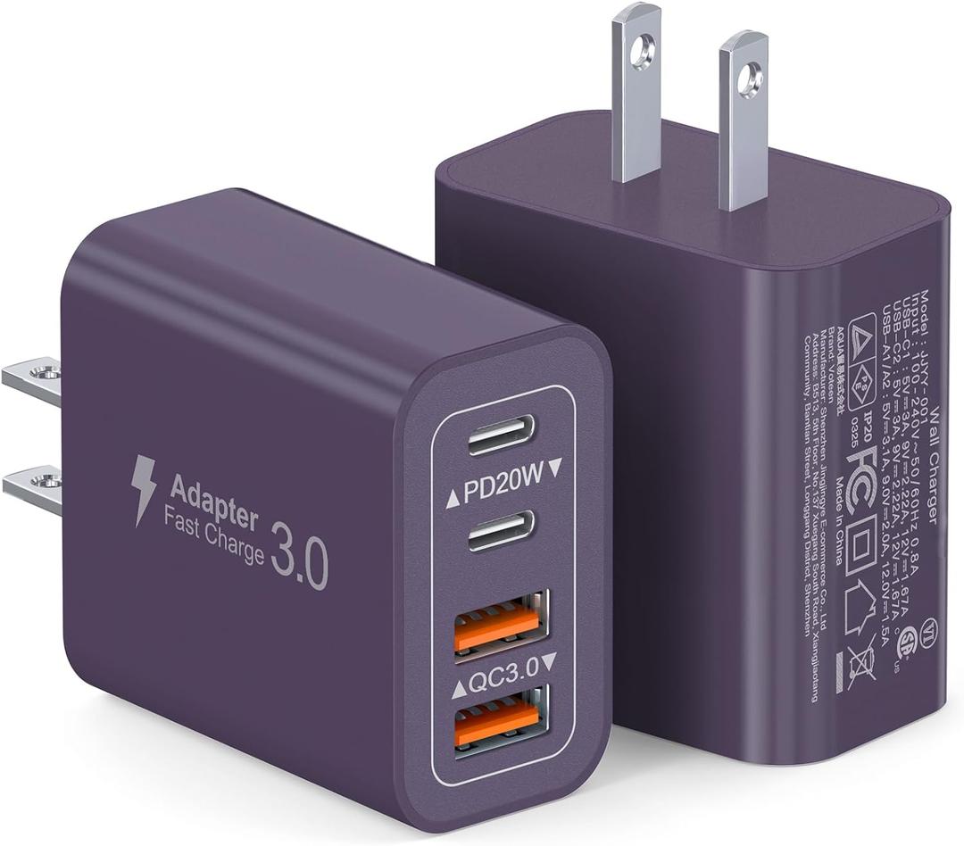 40W USB C Charger Block, 2-Pack 4-Port Type C Fast Charging Brick Dual PD&QC Wall Plug Adapter Power Brick for iPhone 13/14/15/16/17 Pro Max Plus/iPad/Airpods/iwatch/Samsung Galaxy (Purple)