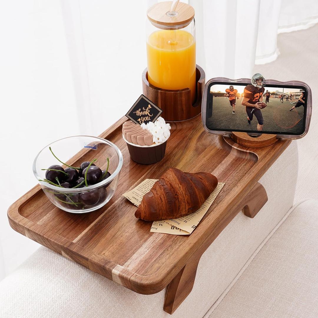 Nnewvante Couch Cup Holder Tray, 3 in 1 Large 15.36"x9.85" Acacia Wood Sofa Arm Clip on Tray Table with 360Rotated Phone Holder on Armrest