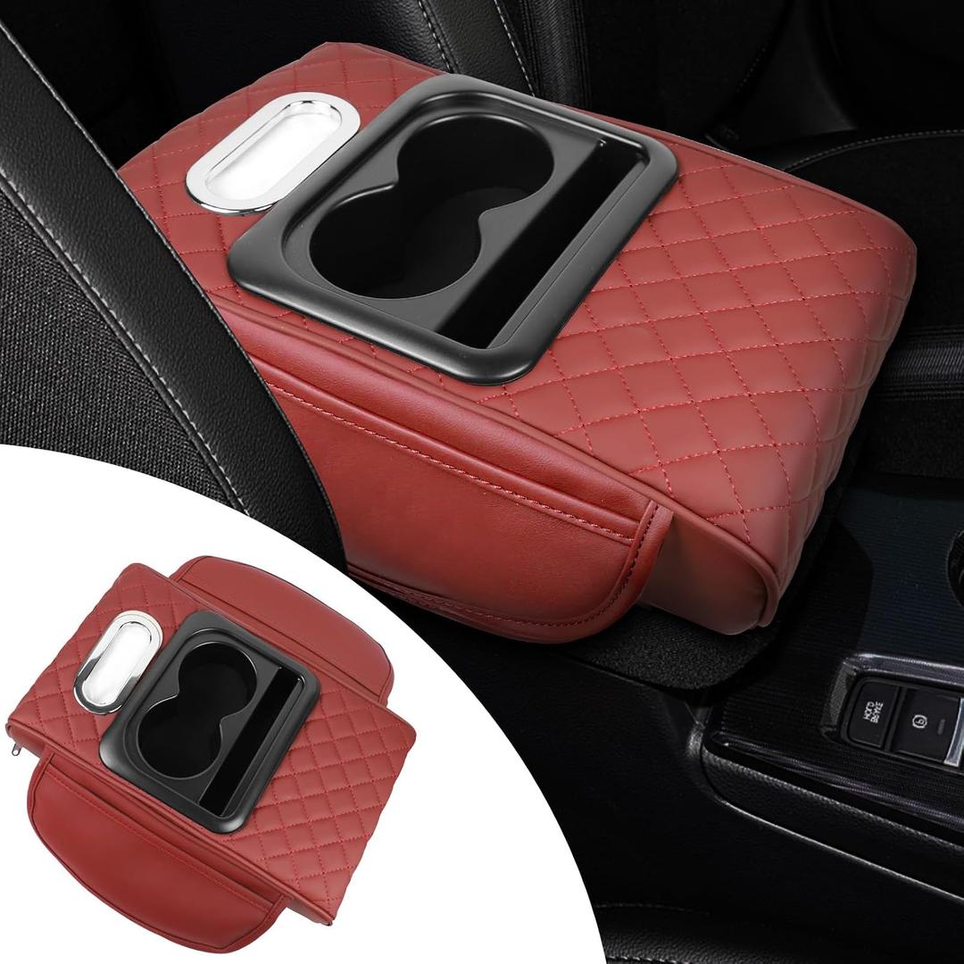 Hovom Car Center Console Cover, 12.3"6.3"1.5" Leather Armrest Cover for Cars, Multifunctional Auto Armrest Cushion Pad with Pocket, Tissue Box, Cup Holder & Phone Slot, Car Accessories (Wine Red)