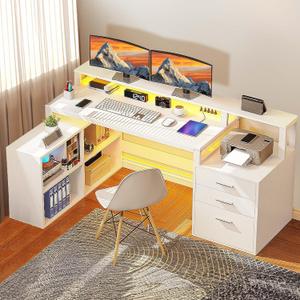 DWVO L Shaped Desk with Drawers, 65" Computer Desk with Power Outlets & LED Lights, Corner Home Office Desk with Storage Shelves & Printer Stand, White, Large