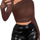 Verdusa Women's Y2k Mesh Long Sleeve Crop Tops Asymmetrical Neck Ruched Fitted T Shirts Chocolate Brown, Small