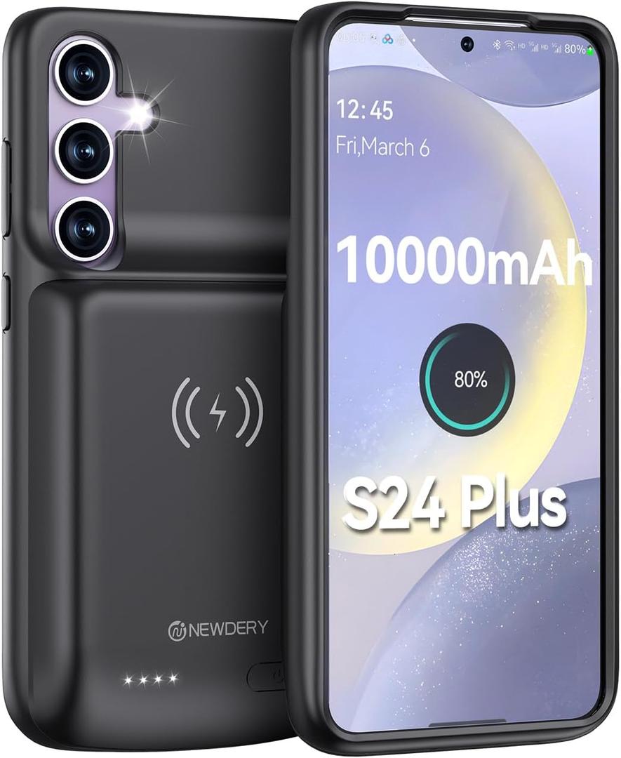 NEWDERY Battery Case for Samsung S24 Plus, 10000mAh Qi Wireless Charging, 18W Input Fast Charging, Sync Data Supported, Portable Rechargeable Charger Case Battery Pack for Galaxy S24 Plus 5G 6.7"