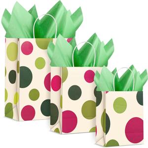 Humyoun 12 Pack Graduation Gift Bags(4 Small 6.5" 4 Medium 9.6" 4 Large 13")with Tissue Paper St. Patrick's Day Treat Bag for Mother's Day Easter Birthday Baby Bridal Shower(Light Red and Green Dots)