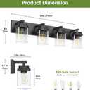 Black Bathroom Light Fixtures, 4 Lights Bathroom Lighting Fixtures Over Mirror, Square Design & Rectangle Large Backplate, Modern Vanity Lighting Fixtures, for Bathroom/Living Room/Bedroom
