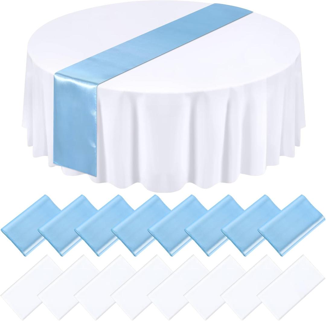 Tudomro 16 Pcs White and Light Blue Round Plastic Tablecloth and Satin Table Runner Set 84 Inch Round Covers 12 x 108 Inch Table Runners for Christmas Wedding Birthday Party Baby Shower