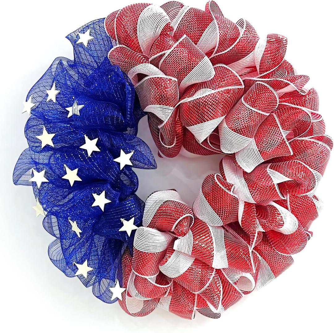 26 Inch Mesh Patriotic Front Door Wreath, 4th July Independence Day Wreath for Summer America Patriotic Flag Burlap Farmhouse Decor, Memorial Day Americana Front Window Hanging Decor (Pink-blue)