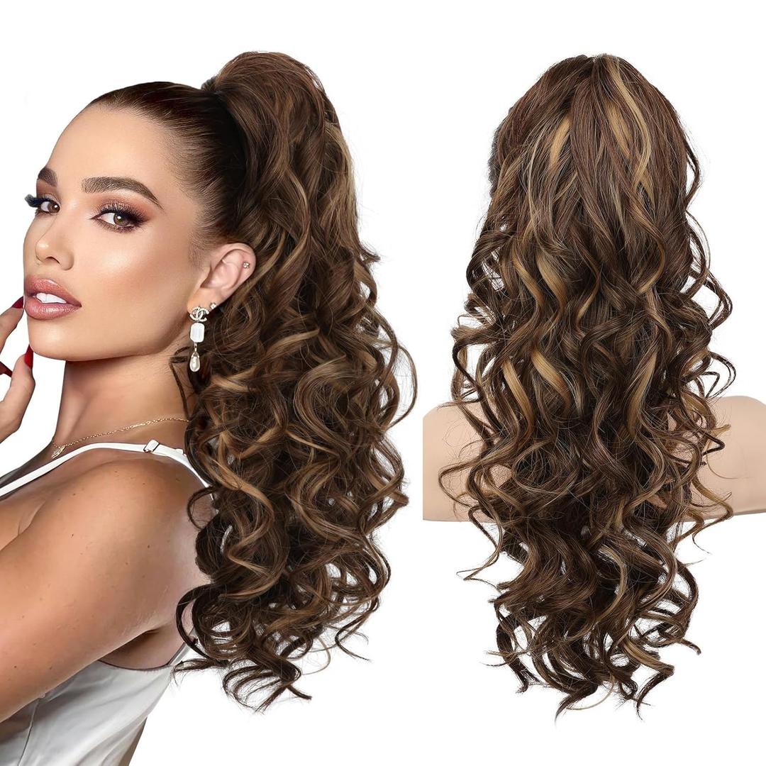 REECHO Ponytail Extension, 20" Claw Clip Ponytail Extension Curly Clip in Ponytail Long Pony Tails Hair Extensions for Women Synthetic Hairpiece, Chestnut Brown with Golden Highlights